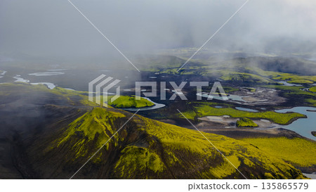 Aerial View of Iceland's Volcanic Landscape with Moss and Lakes 135865579