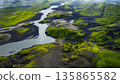 Aerial View of Iceland's Volcanic Landscape with Winding River 135865582