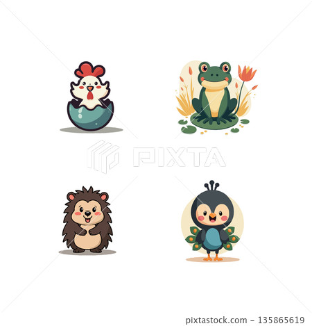 Adorable cartoon animals set including a chick, frog, hedgehog, and penguin. Perfect for children's illustrations and designs. Adorable cartoon animals set including a chick, frog, hedgehog, and penguin. Perfect for children's illustrations and designs. 135865619