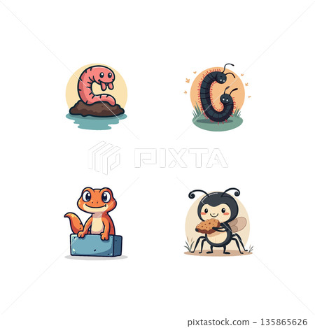 Adorable pixel art collection featuring a worm, centipede, gecko, and ant, perfect for children's illustrations and designs. 135865626