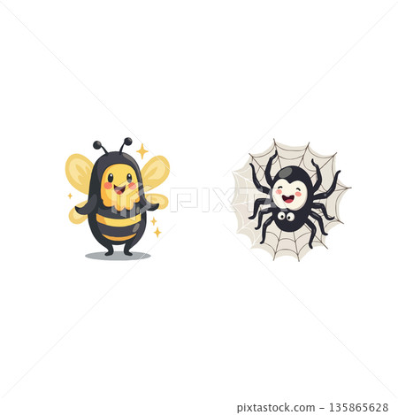 Adorable cartoon illustrations featuring a smiling bee and a spider with a web, perfect for children's content. 135865628