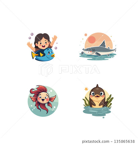 Adorable cartoon illustrations of sea creatures including a girl riding a fish, shark, fish with hair, and seal. 135865638