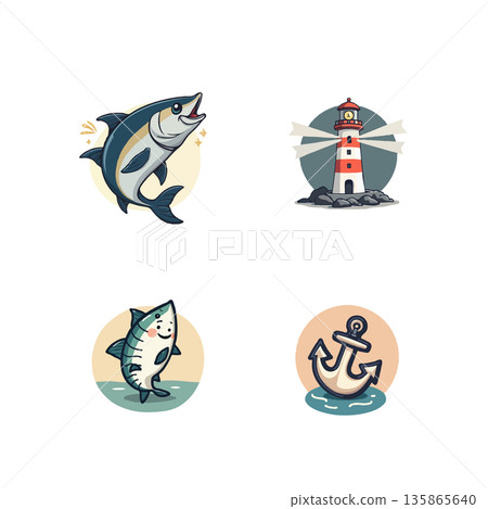 Collection of pixel art icons featuring a fish, lighthouse, anchor, and cute fish. Ideal for nautical themes. 135865640