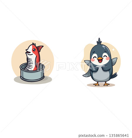 Adorable cartoon illustration featuring a happy penguin and a fish in a can, perfect for children's content. 135865641