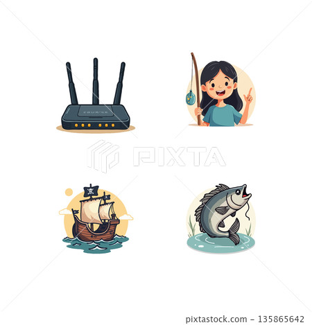 Whimsical illustration featuring a router, a girl fishing, a pirate ship, and a fish, creating a playful digital fishing concept. 135865642