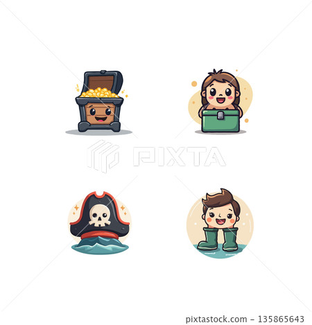 Adorable cartoon set featuring a treasure chest, pirate hat, and characters in boots and a box, perfect for children's illustrations. 135865643