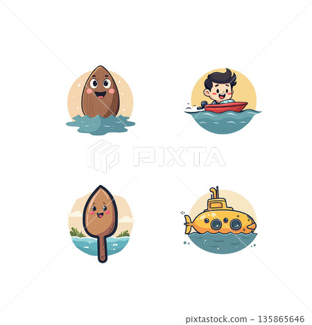 Set of cartoon illustrations featuring a coconut, a boy in a boat, a paddle, and a submarine in water. 135865646
