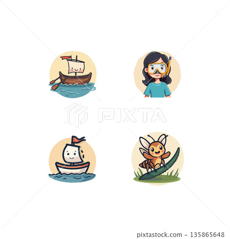 Collection of adorable cartoon icons featuring summer vacation themes, perfect for designs and illustrations. 135865648
