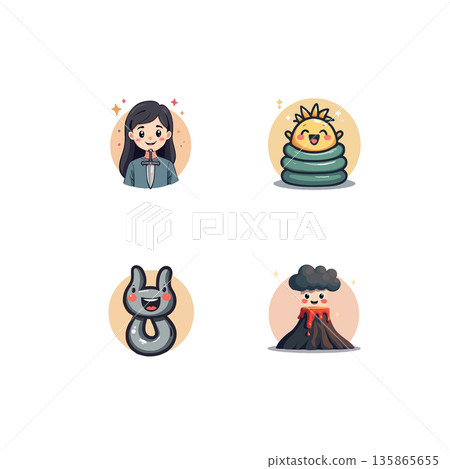 Adorable cartoon characters set featuring a girl, sun, number eight, and volcano. Perfect for children's content and educational materials. Adorable cartoon characters set featuring a girl, sun, number eight, and volcano. Perfect for children's content and educational materials. 135865655