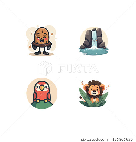 Adorable vector set featuring a happy nut, waterfall, parrot, and lion in a playful cartoon style for various creative projects. Adorable vector set featuring a happy nut, waterfall, parrot, and lion in a playful cartoon style for various creative projects. 135865656