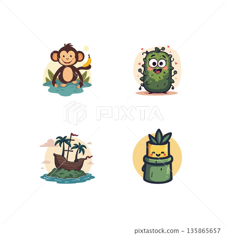 Adorable cartoon illustrations featuring a monkey, pickle, island with a ship, and bamboo plant. Perfect for children's books. Adorable cartoon illustrations featuring a monkey, pickle, island with a ship, and bamboo plant. Perfect for children's books. 135865657
