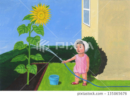 孩子給向日葵澆水 孩子給向日葵澆水 135865676