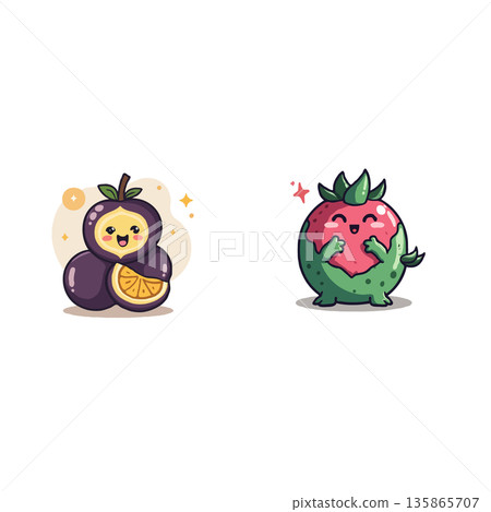 Adorable vector illustration of two cartoon fruit characters, perfect for children's books, food packaging, or educational materials. 135865707