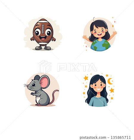 Adorable cartoon characters set featuring a football, girl with Earth, mouse, and girl with stars and moon. 135865711