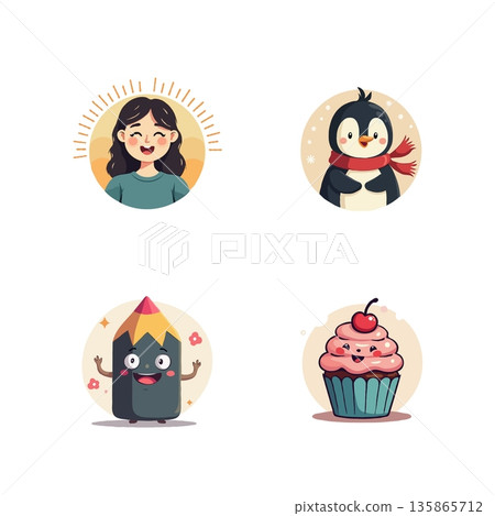 Adorable cartoon characters illustration set featuring a girl, penguin, pencil, and cupcake. Perfect for children's designs. 135865712
