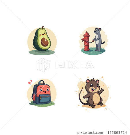 Collection of adorable cartoon icons featuring an avocado, dog, backpack, and mouse, perfect for various creative projects. 135865714