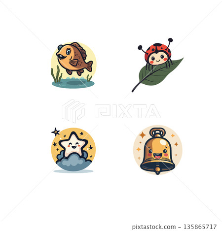Whimsical cartoon characters including a fish, ladybug, star, and bell, perfect for children's illustrations and designs. 135865717