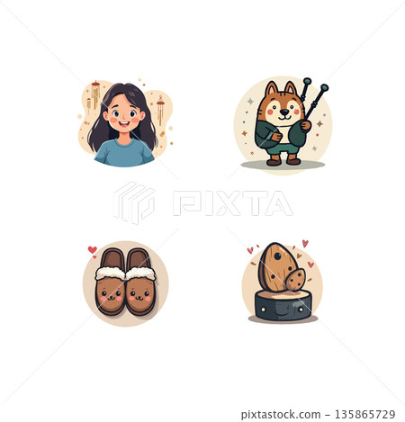 Set of four cute cartoon icons featuring a girl, a dog playing bagpipes, slippers, and cookies on a stand. Set of four cute cartoon icons featuring a girl, a dog playing bagpipes, slippers, and cookies on a stand. 135865729