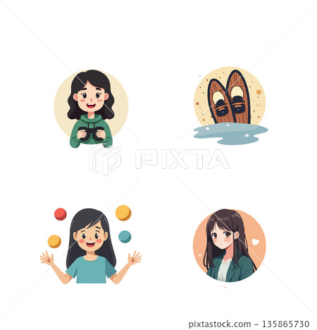Collection of cartoon icons showcasing various hobbies and interests, featuring diverse characters and activities. Collection of cartoon icons showcasing various hobbies and interests, featuring diverse characters and activities. 135865730