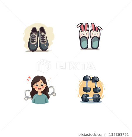 Cartoon icons set with fitness equipment, slippers, and girl with headphones. Vector illustration. Cartoon icons set with fitness equipment, slippers, and girl with headphones. Vector illustration. 135865731