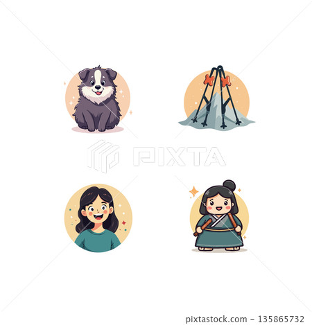 A set of four cute cartoon character illustrations featuring a dog, camping tent, girl, and samurai girl. 135865732