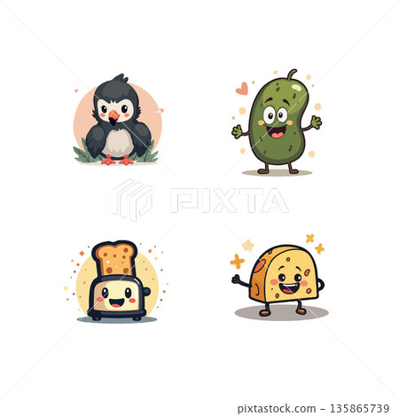 Adorable cartoon illustration featuring a puffin, pickle, toaster with toast, and cheese, perfect for children's content. 135865739