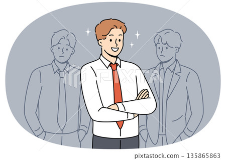 Successful business man stands with arms crossed near unsuccessful and sad opponents Successful business man stands with arms crossed near unsuccessful and sad opponents 135865863