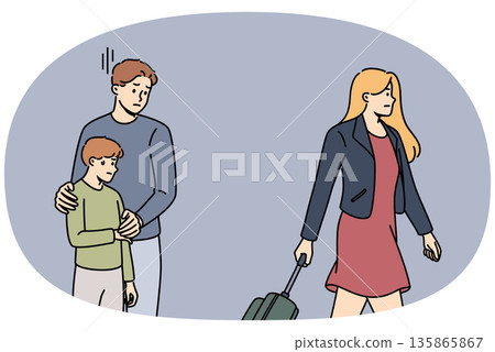Divorce parents traumatizes child, experiences stress because of mother with suitcase leaving family 135865867