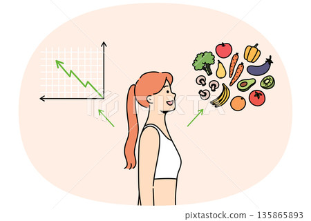 Woman switched to balanced diet feels improved immunity, stands near vegetables and increasing graph 135865893