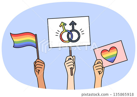 LGBT posters and flags in hands of people, with images of rainbow symbols and inscription love wins LGBT posters and flags in hands of people, with images of rainbow symbols and inscription love wins 135865918