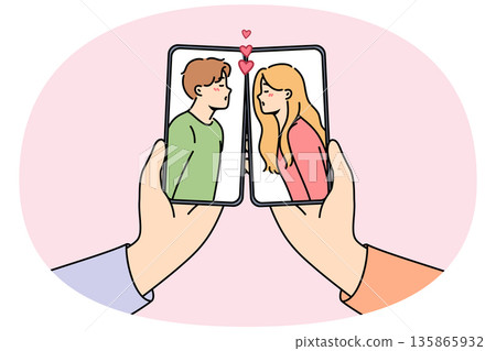 Kissing people in phone screens, for concept online dating and flirting through apps in smartphones Kissing people in phone screens, for concept online dating and flirting through apps in smartphones 135865932