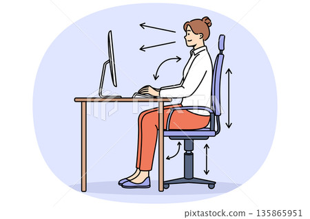 Woman demonstrates correct posture for working with computer, sitting with straight back at table 135865951