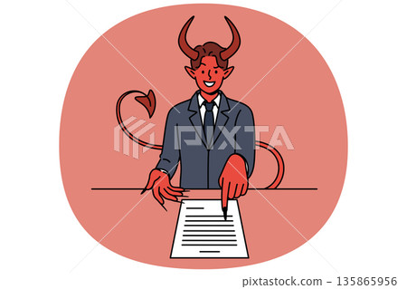 Devil offers to sign business contract lying on table in order to sell soul to satan 135865956