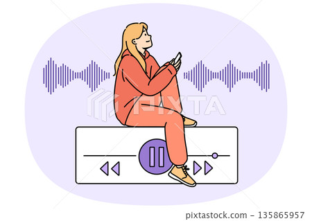 Teenage woman listens to music on phone while sitting near equalizer on buttons to control playlist 135865957