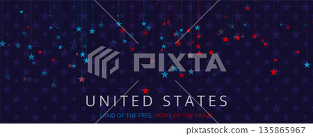 Patriotic USA banner with hanging red and blue stars on dark background 135865967