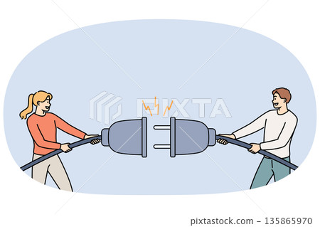 Electric cable with plug in hands of man and woman, want to restore connections for supply current 135865970