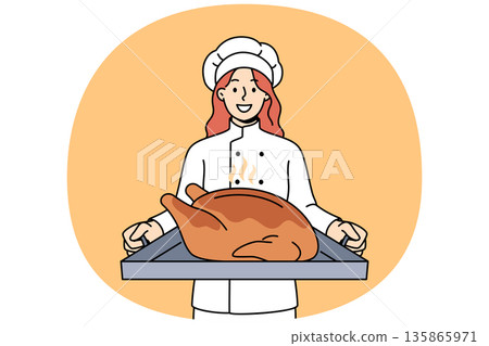 Cook with roast turkey on tray invites you to celebrate thanksgiving and eat meat together 135865971