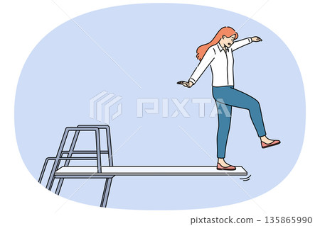 Business woman takes risky action and goes on venture to achieve goal, standing on springboard Business woman takes risky action and goes on venture to achieve goal, standing on springboard 135865990