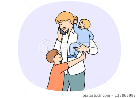 Mother makes business call and babysits children at same time, needing to hire nanny 135865992