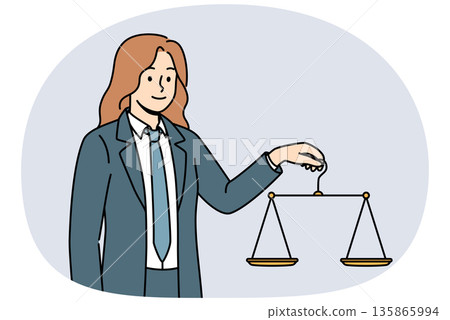Female lawyer holds scale in hand, listening to arguments of parties for fair and legal decision Female lawyer holds scale in hand, listening to arguments of parties for fair and legal decision 135865994