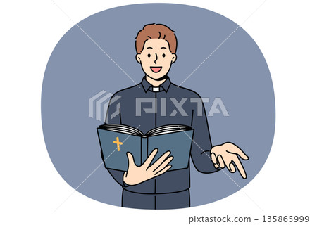 Man priest reads bible and gestures calling on people to accept christian or catholic religion Man priest reads bible and gestures calling on people to accept christian or catholic religion 135865999