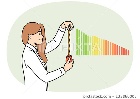 Woman business analyst measures financial chart to understand trends in company income level 135866005