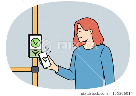 Woman uses bus terminal to accept contactless payments by touching phone to NFC sensor Woman uses bus terminal to accept contactless payments by touching phone to NFC sensor 135866014