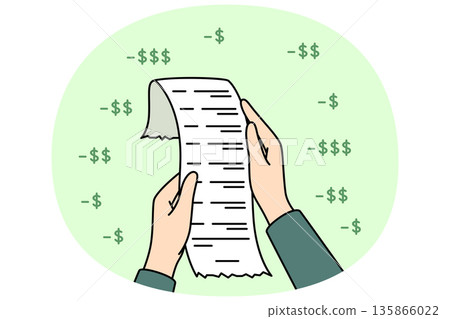 Payment receipt in hands of person detailing costs of shopping or dining at restaurant 135866022
