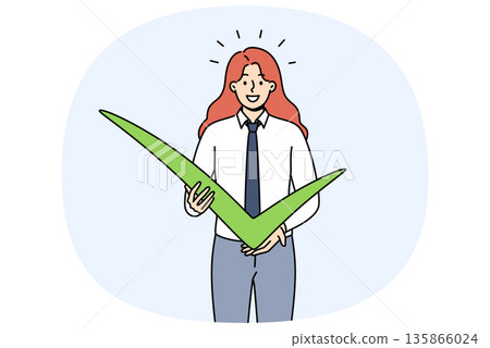 Business woman shows check mark as sign confirmation of plans for cooperation or completion project Business woman shows check mark as sign confirmation of plans for cooperation or completion project 135866024