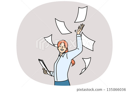 Woman office clerk throws documents up, rejoicing of digitalization and reduction of paperwork Woman office clerk throws documents up, rejoicing of digitalization and reduction of paperwork 135866036