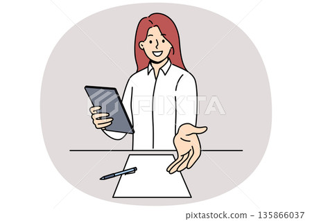 Woman recruiter welcomes new applicant to interview, extending hand to screen standing near table Woman recruiter welcomes new applicant to interview, extending hand to screen standing near table 135866037