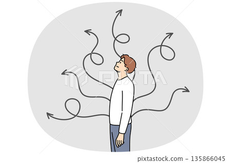 Man chooses way to solve situation, standing near arrows pointing in different directions Man chooses way to solve situation, standing near arrows pointing in different directions 135866045