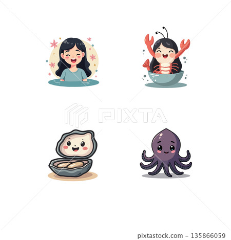 Adorable cartoon characters set featuring a red panda, puppy, elderly man, and thoughtful woman. Vector illustration. Adorable cartoon characters set featuring a red panda, puppy, elderly man, and thoughtful woman. Vector illustration. 135866059