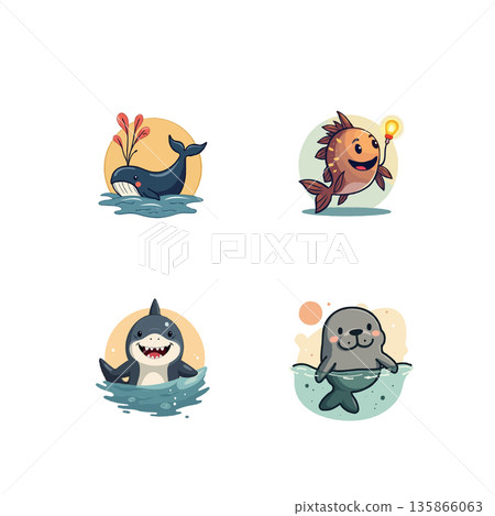 Collection of cartoon icons: noodle bowl, flippers, desk with chair, construction worker. Vector illustration. 135866063